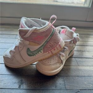 Nike Kids High-Top Sneakers in White with Pink, Green, and Yellow Accents